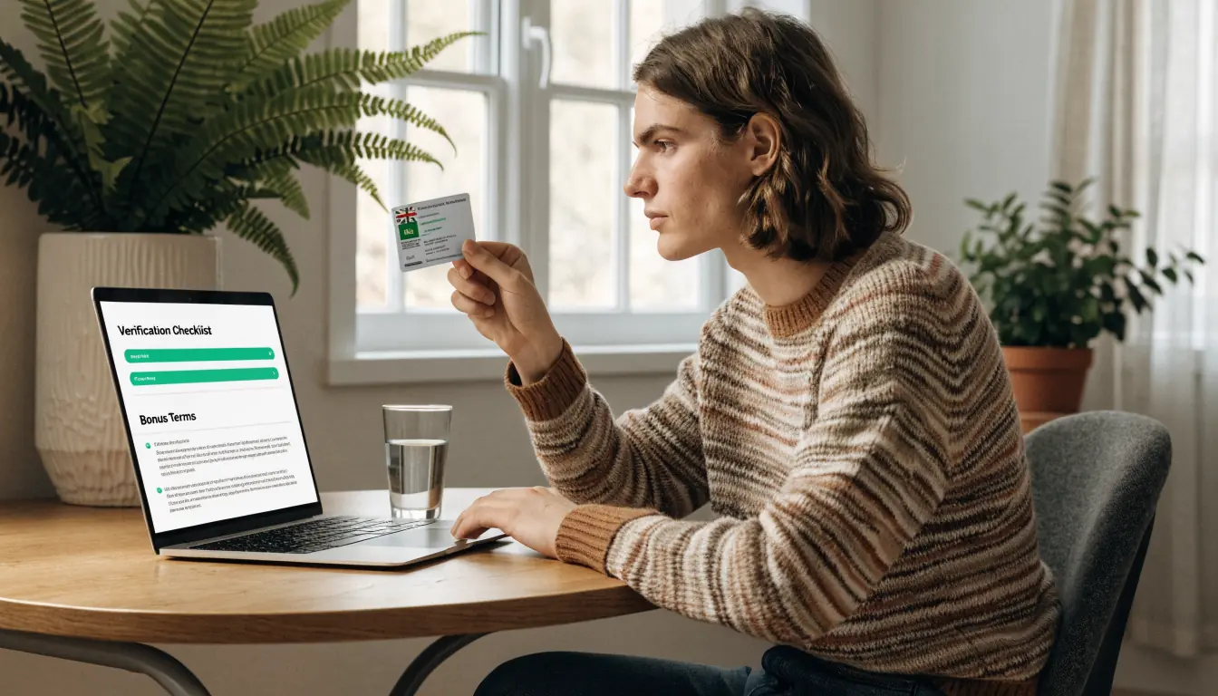 Person verifying ID on laptop with bonus terms visible