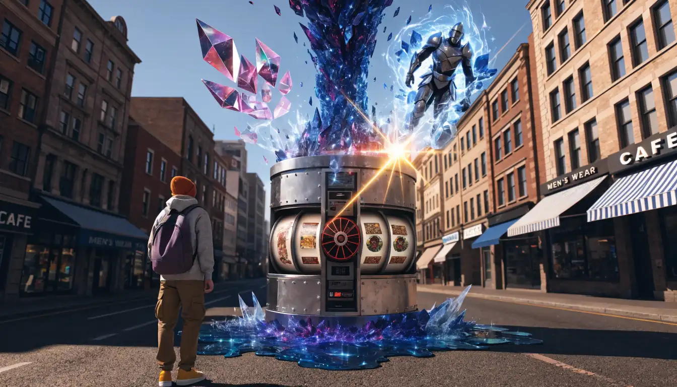 3D slot machine with animated characters and cinematic lighting.