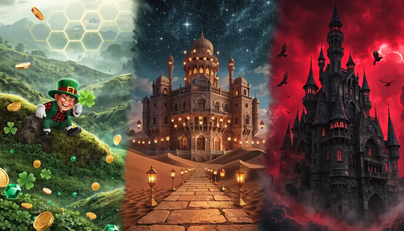 Three panels showing Celtic cluster slot, desert palace, and vampire castle scenes.