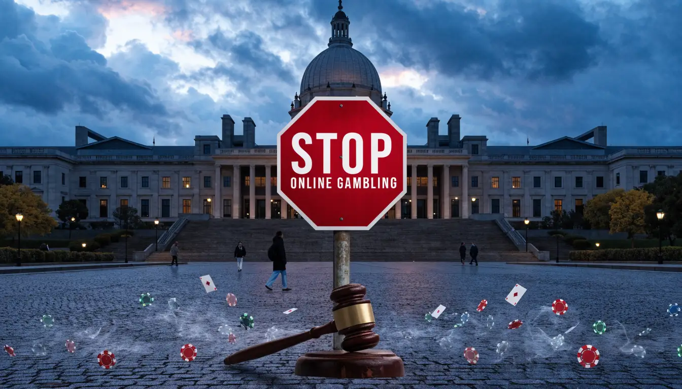 Parliament building with stop sign and floating casino chips