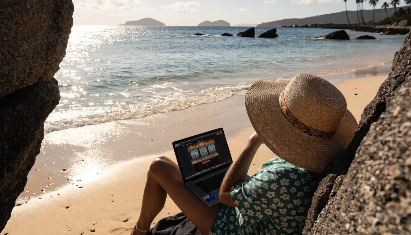 Australian beach sunrise with laptop displaying casino slots