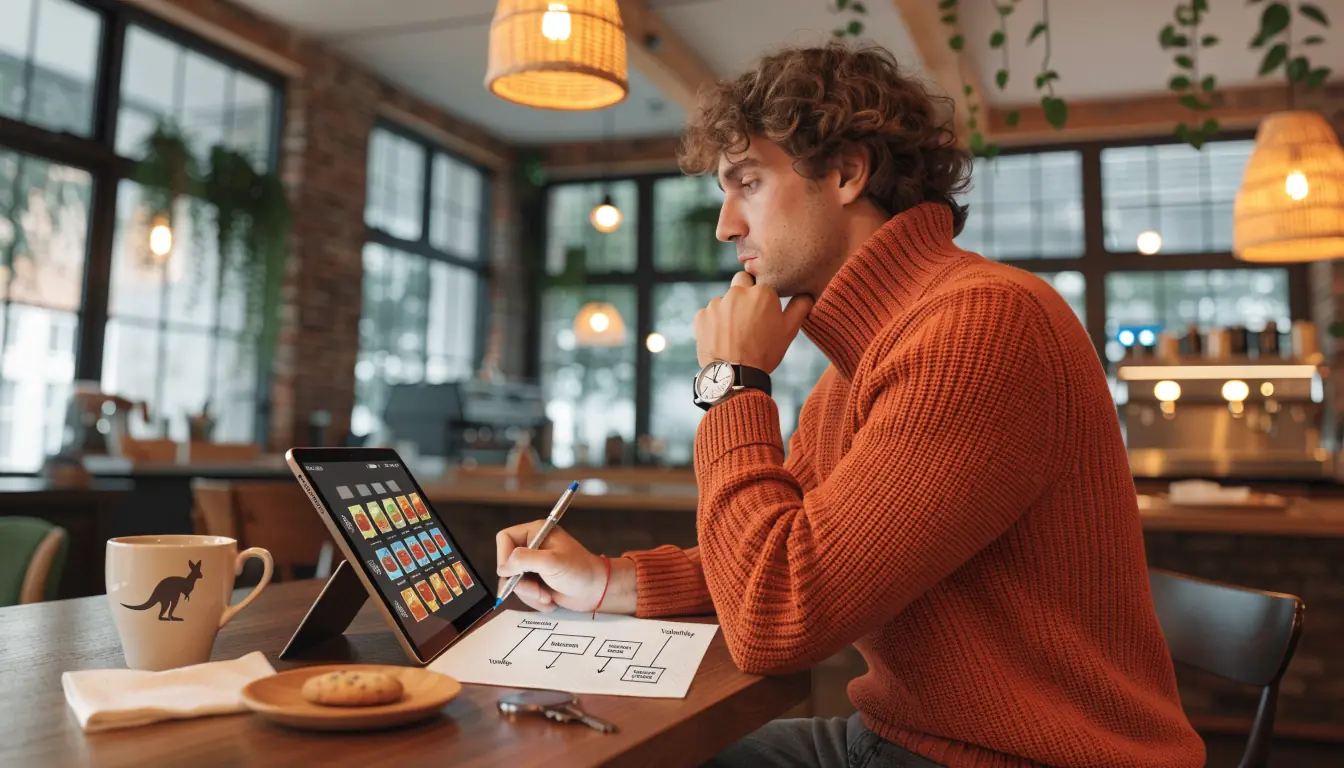 Player testing demo slot on tablet in Aussie cafe