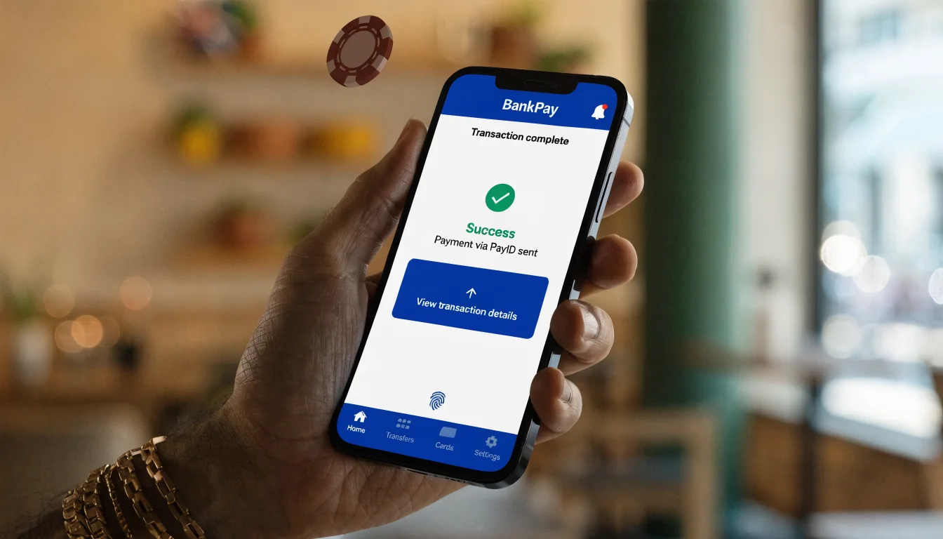 Hand holding phone with banking app confirming PayID transfer