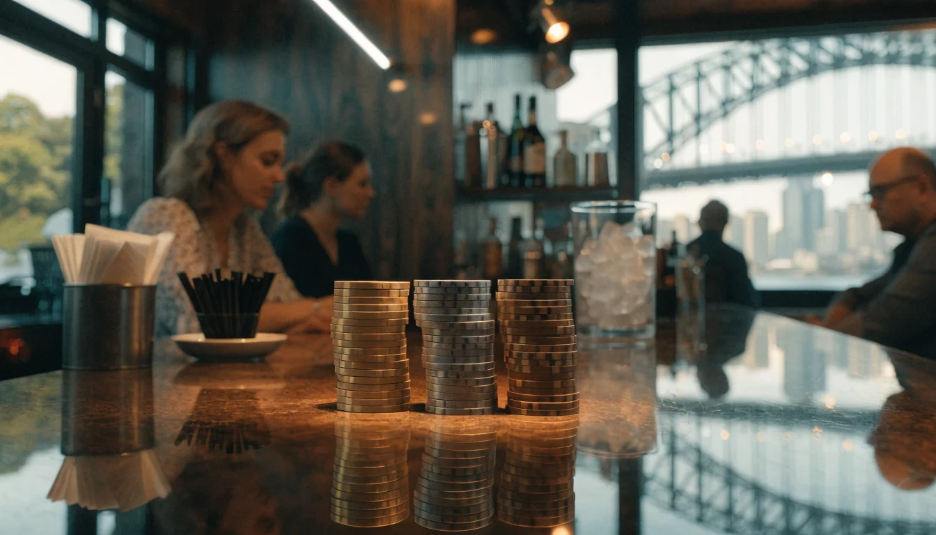 Tabletop scene showing three glowing casino chip stacks