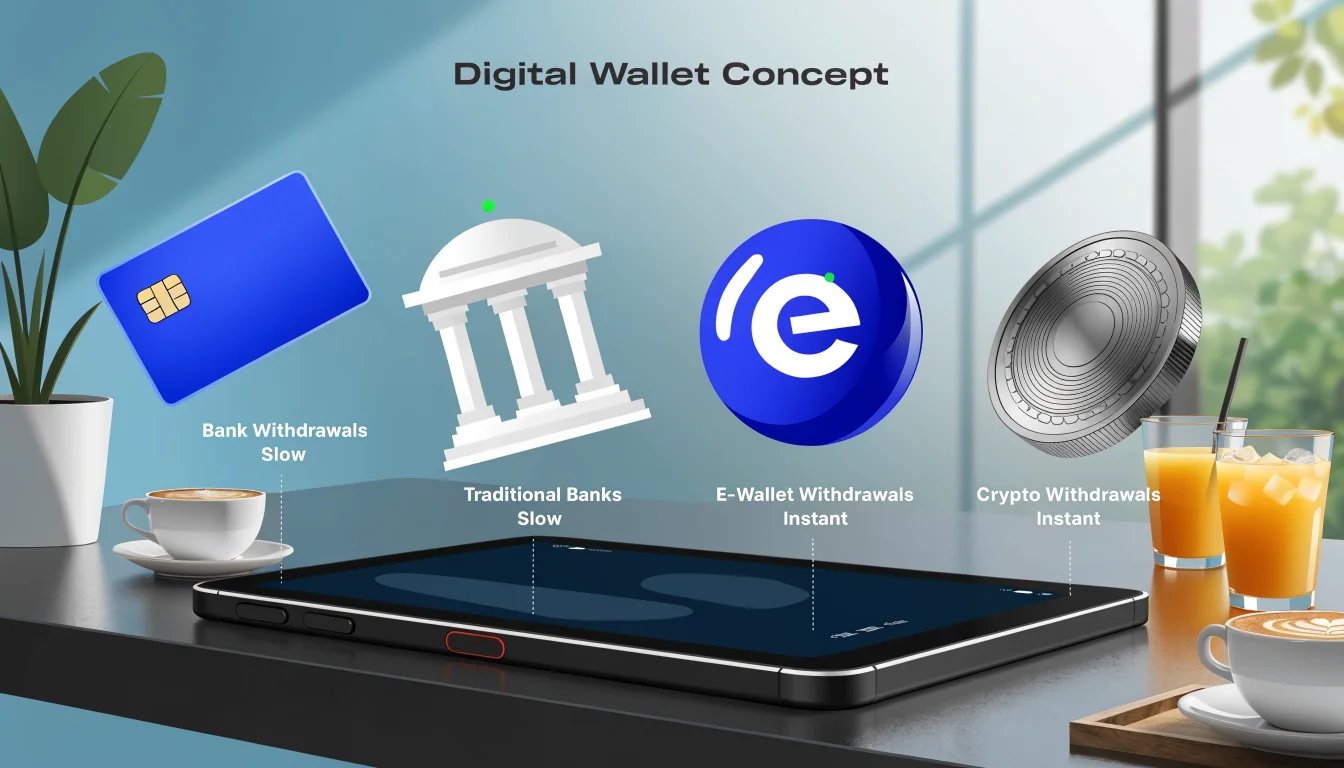Digital wallet with credit card, bank, e‑wallet and crypto icons