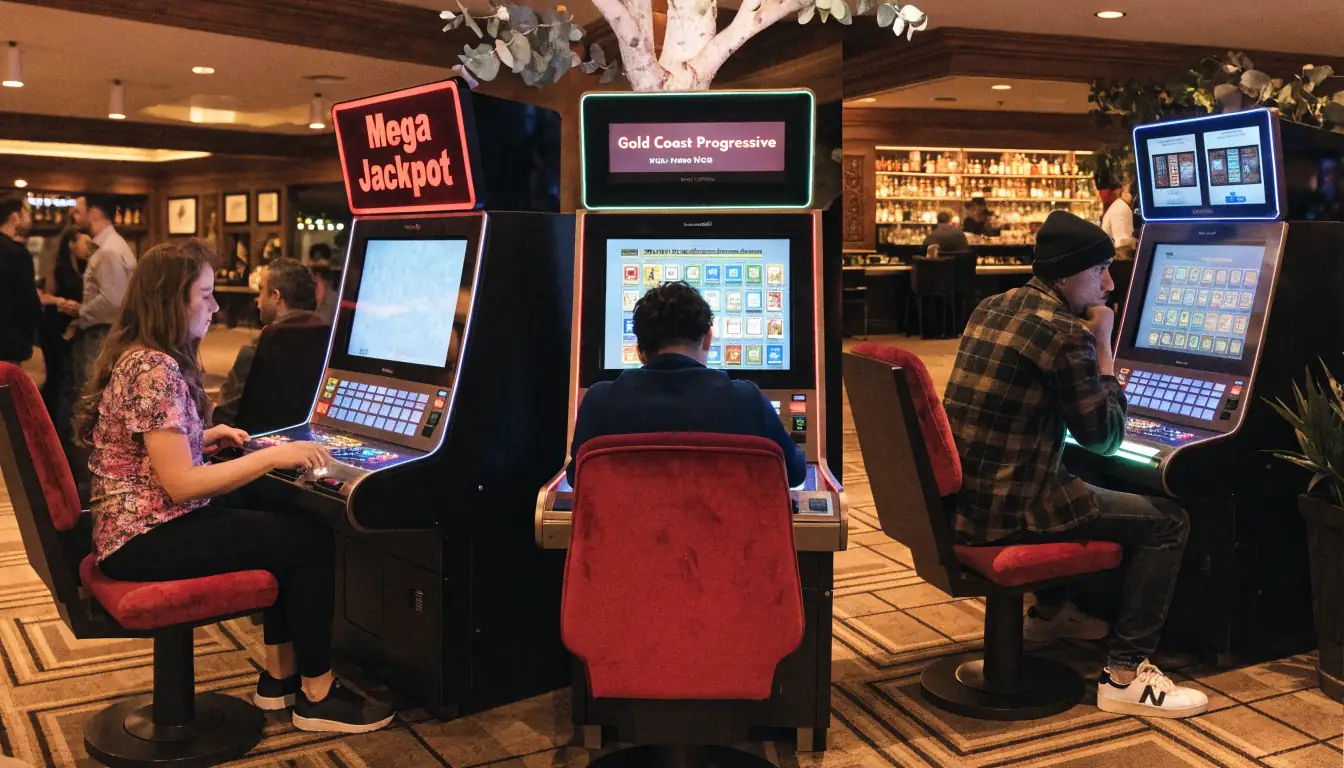 Three casino slot machines showing fixed, local, and network jackpots