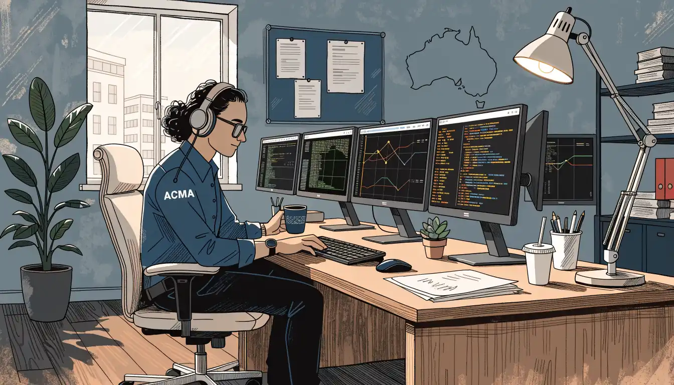ACMA officer monitoring online casino activity on computer screens