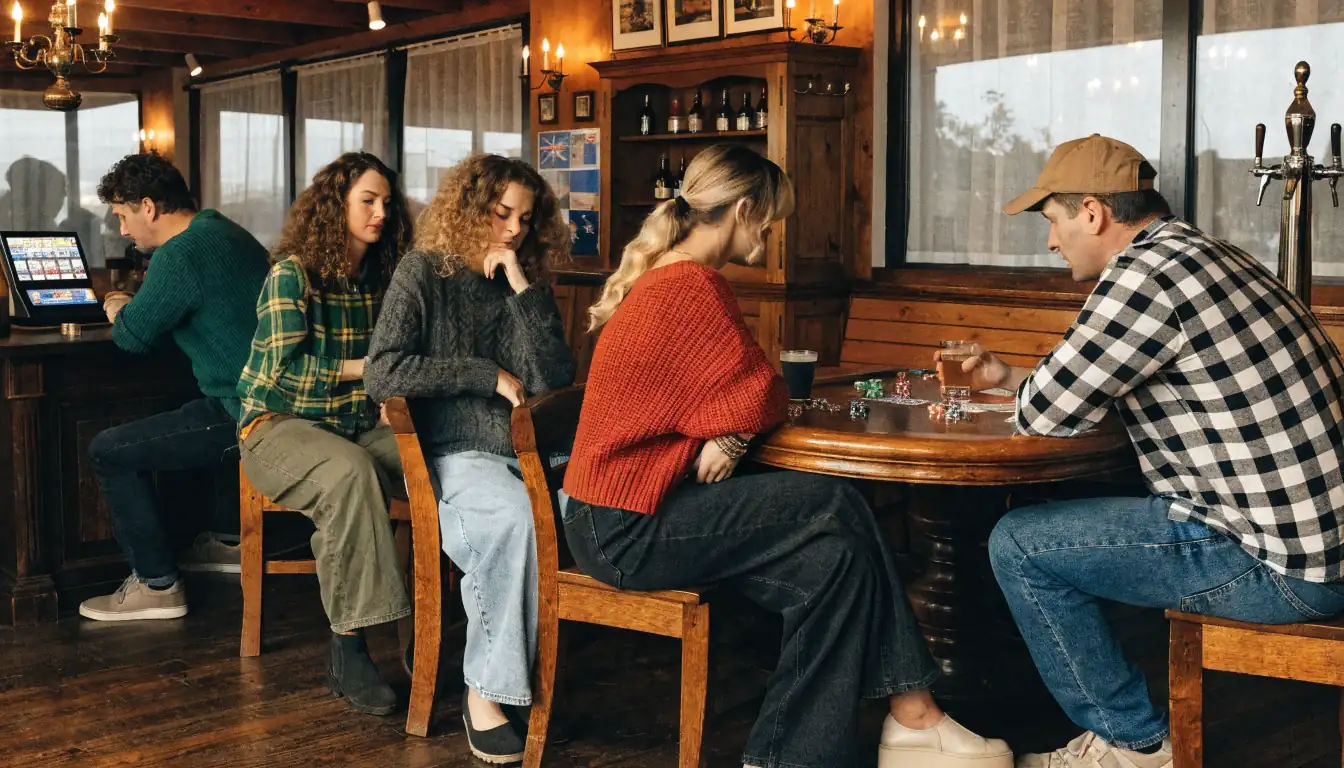 Friends playing poker and a tablet slot game in an Australian pub