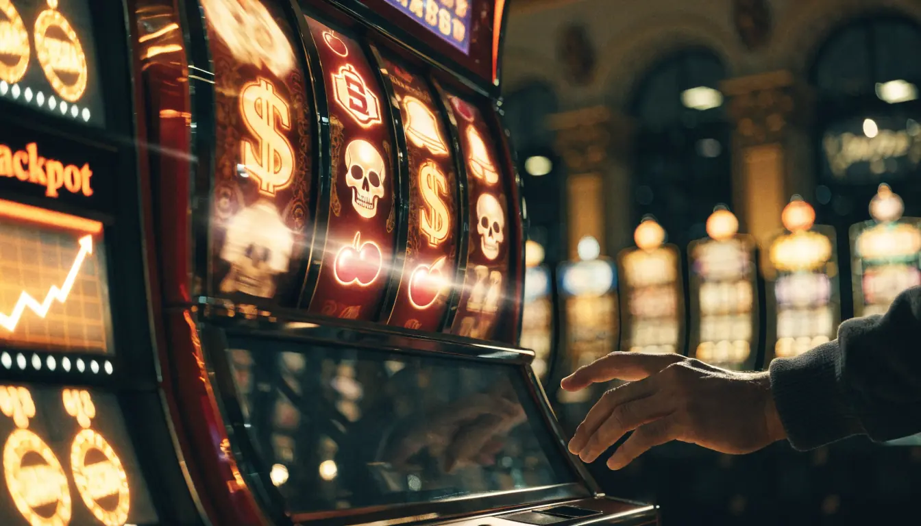 Close‑up of a high‑volatility slot machine with glowing reels.