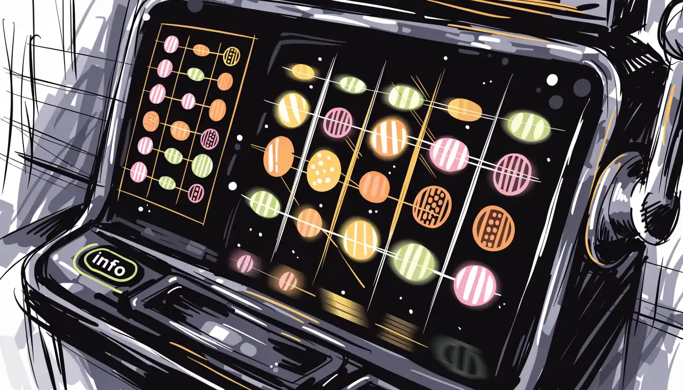 Close-up of slot machine screen with info button
