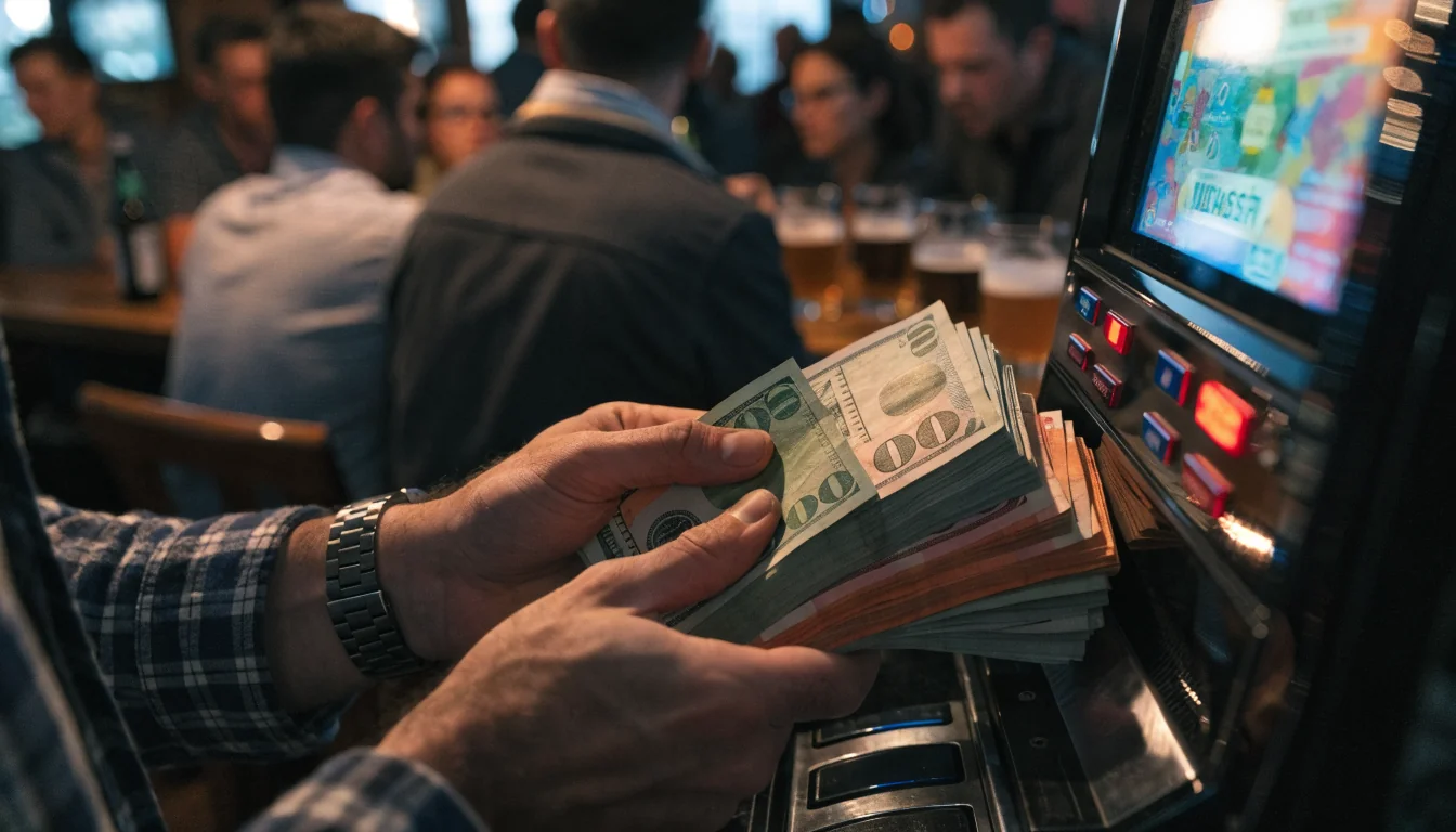 Hands inserting large stack of cash into a pokies machine