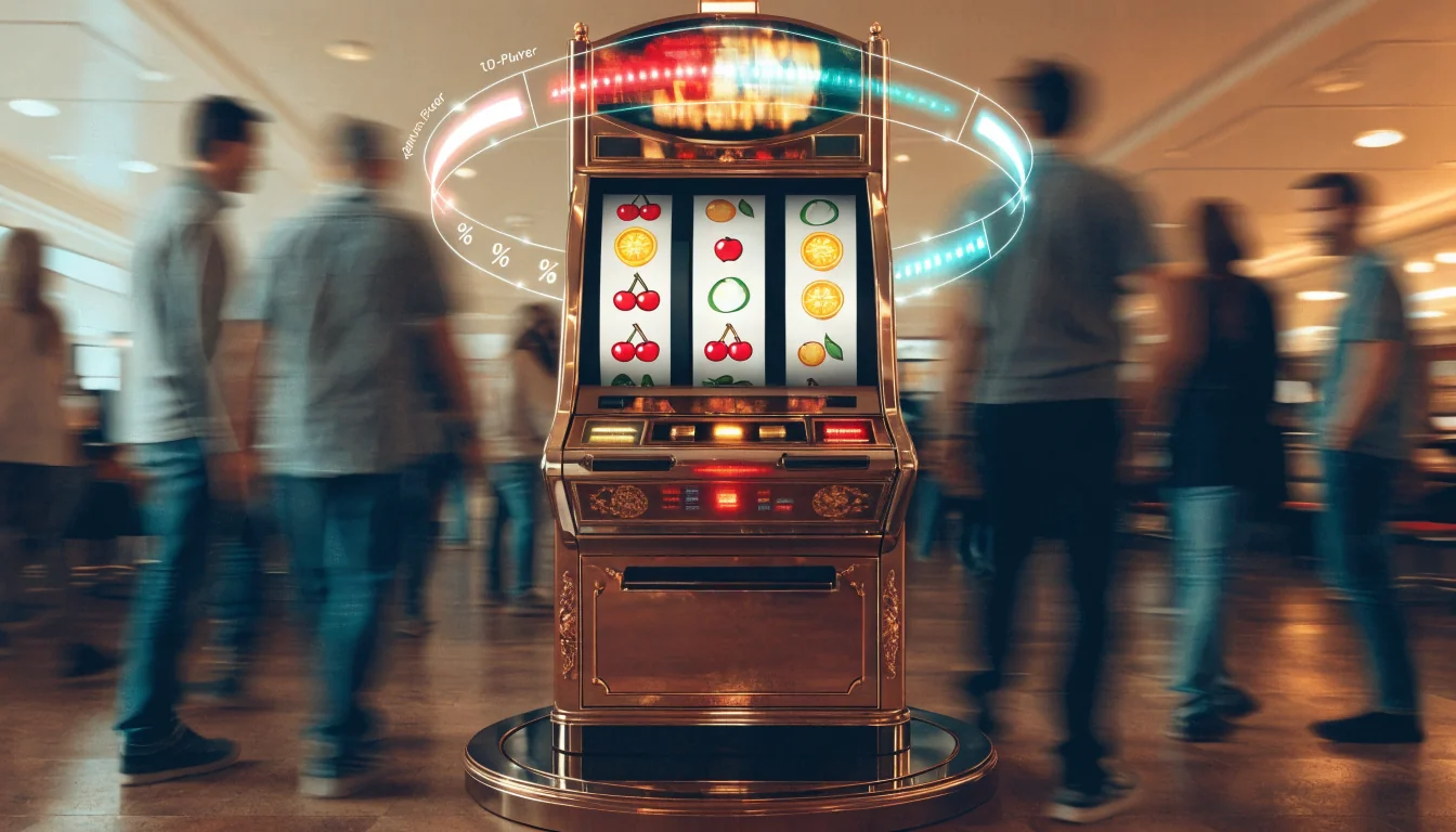 Slot machine with floating RTP gauge overlay
