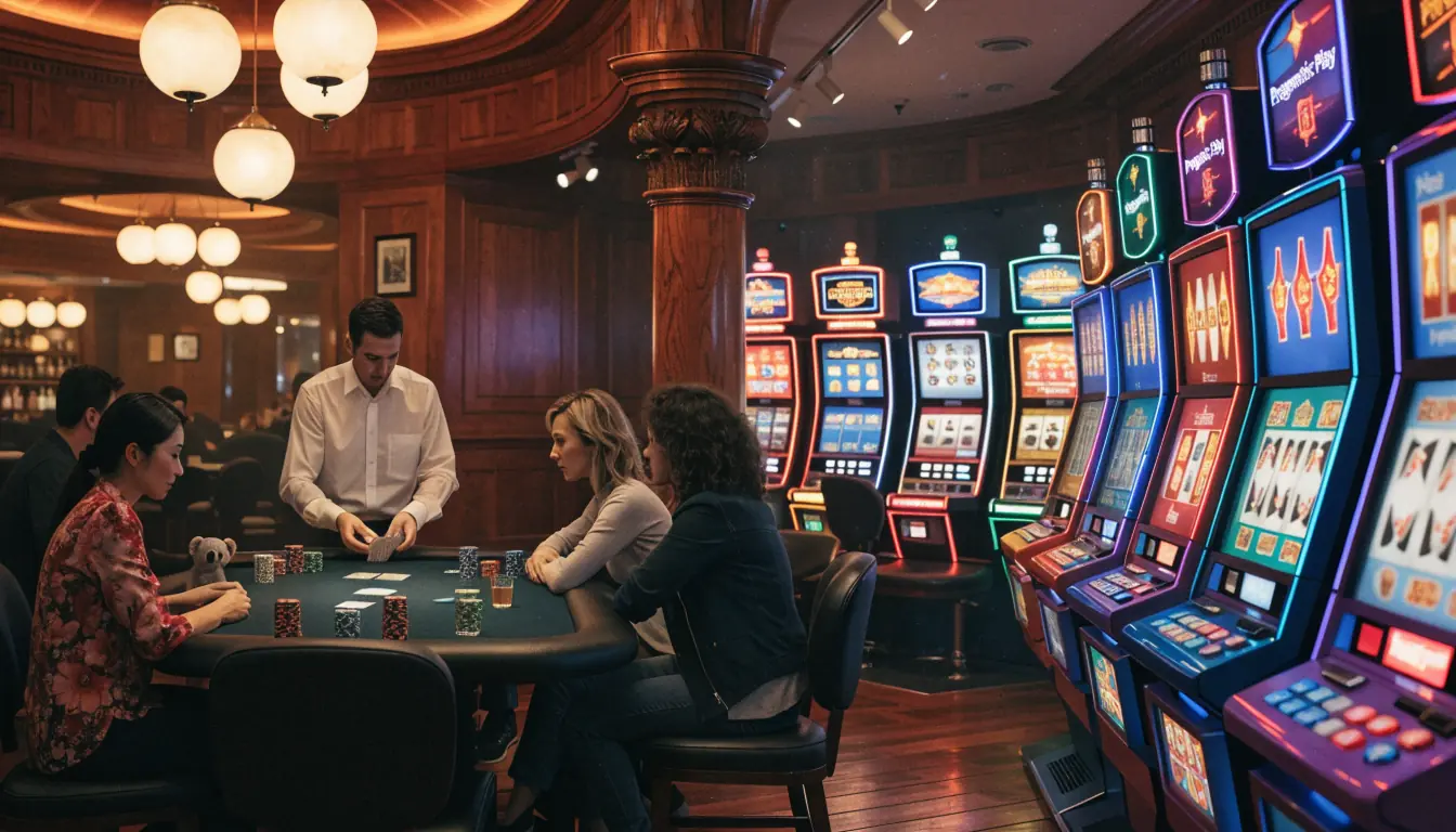 Live dealer table and colorful slot machines in casino