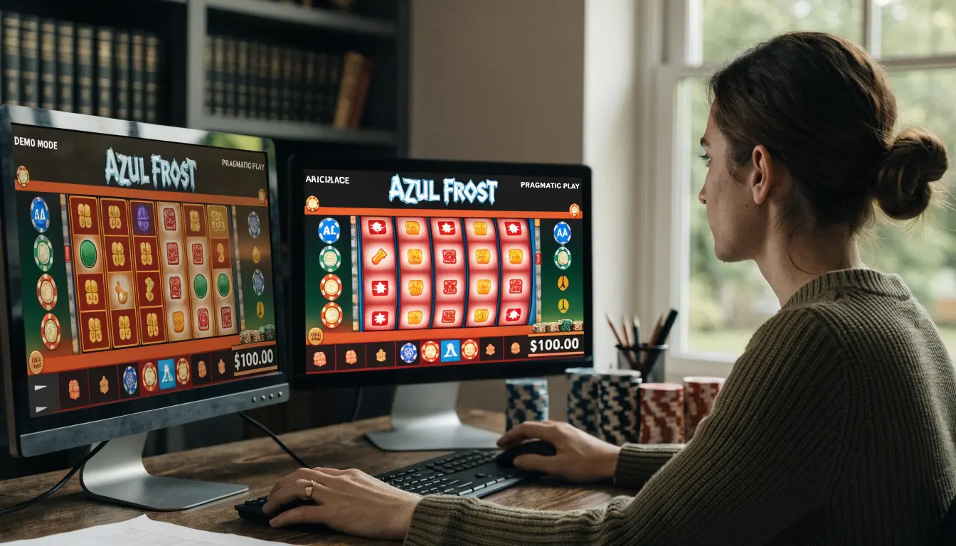 Demo slot screen beside real money chips on desk