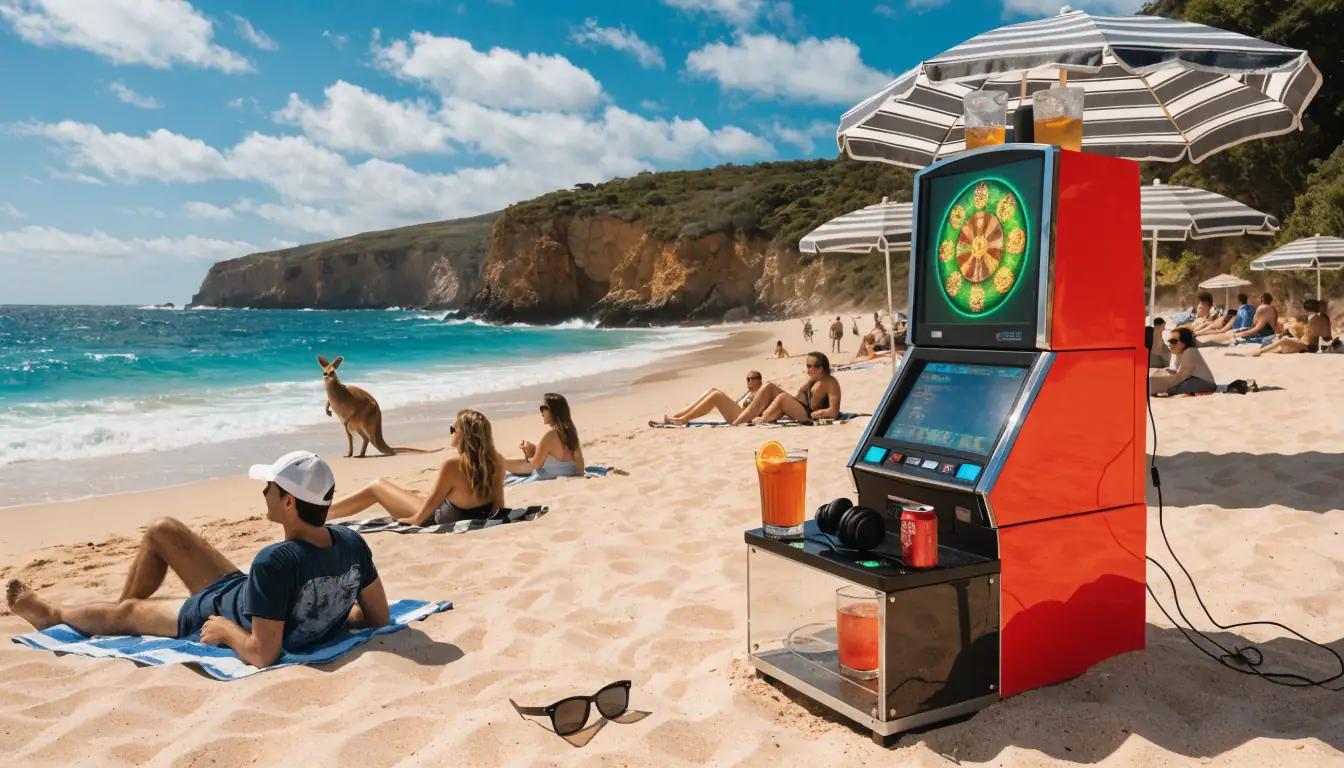 Australian beach with a glowing slot machine and a curious kangaroo.