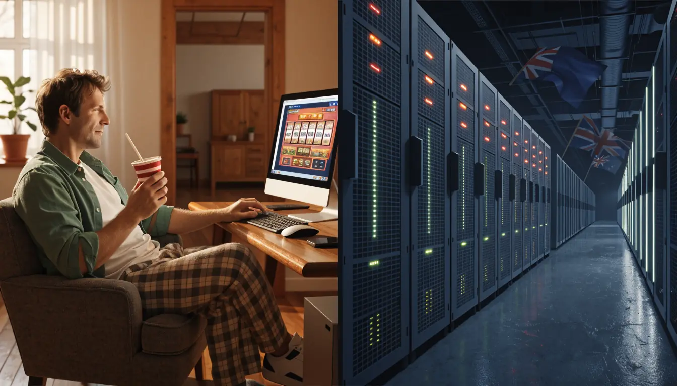 Player at home contrasted with offshore server farm.