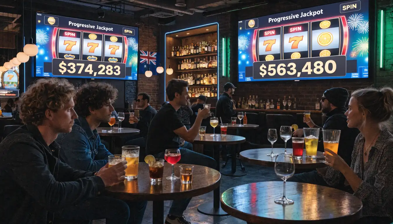 Bar interior with screens showing progressive jackpot slots.