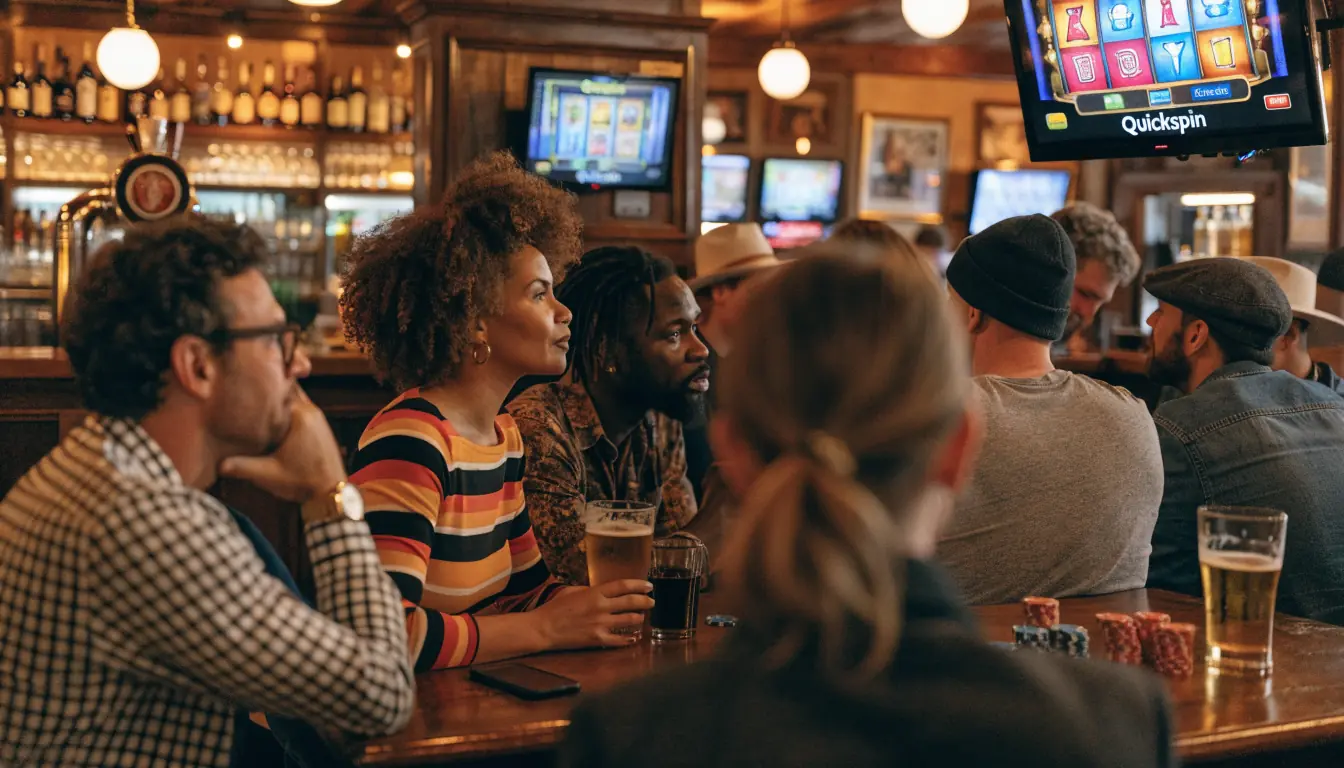 Pub interior with people watching slot game