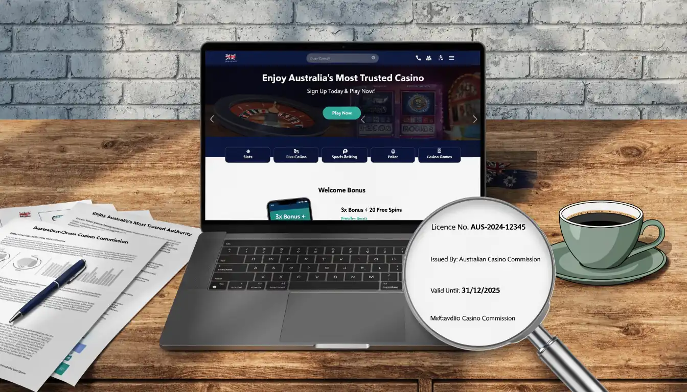 Desk with laptop, magnifying glass, and licensing documents