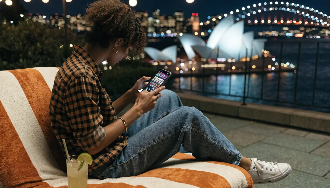 Person playing casino game on phone with Sydney skyline