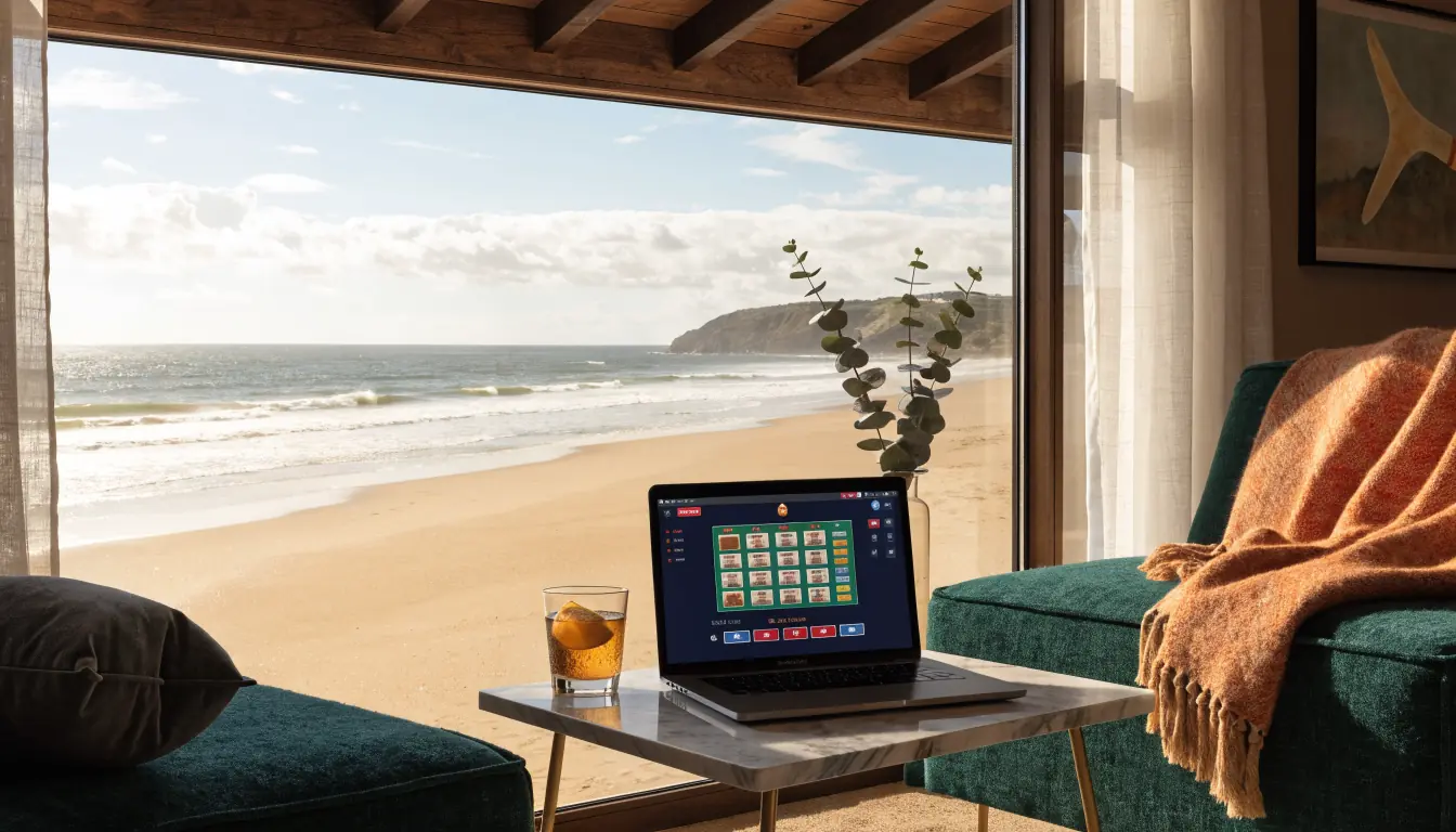 Australian lounge with laptop showing RTG casino game