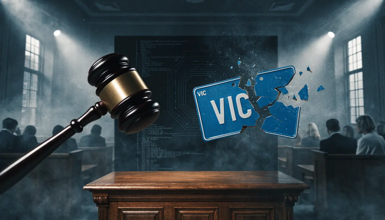 Courtroom symbols over a broken Australian gambling license