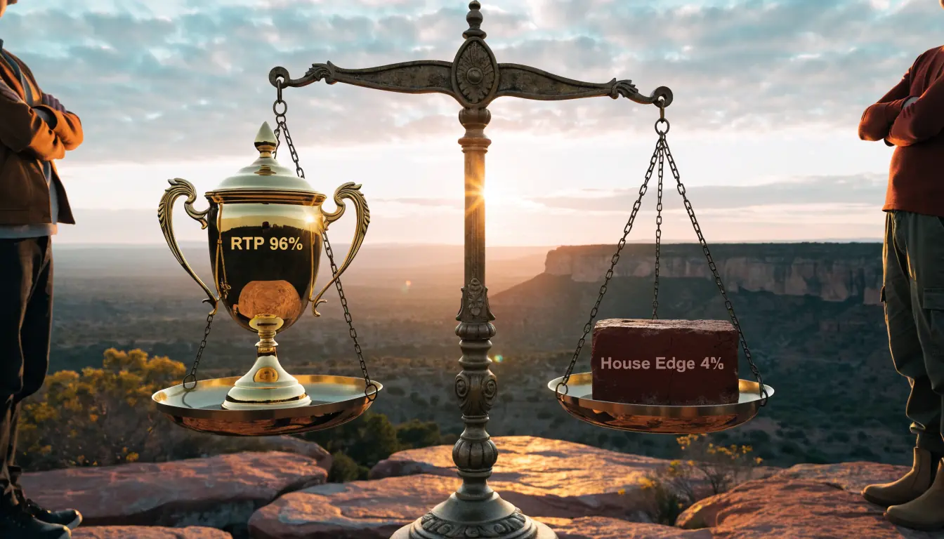 Balanced scale with RTP trophy and house‑edge brick.