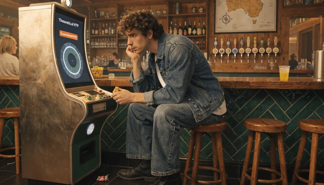 Player comparing theoretical and experienced RTP on slot machine screen