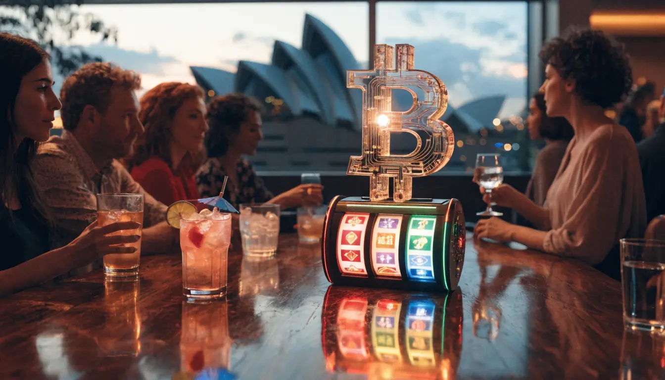Australian casino lounge with Bitcoin-themed slot machine