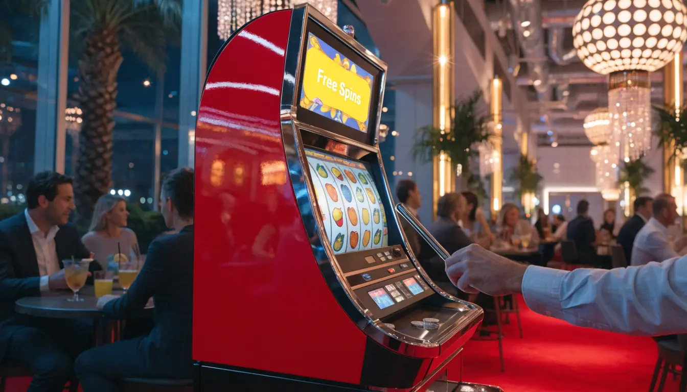 Casino slot machine displaying free spins promotion