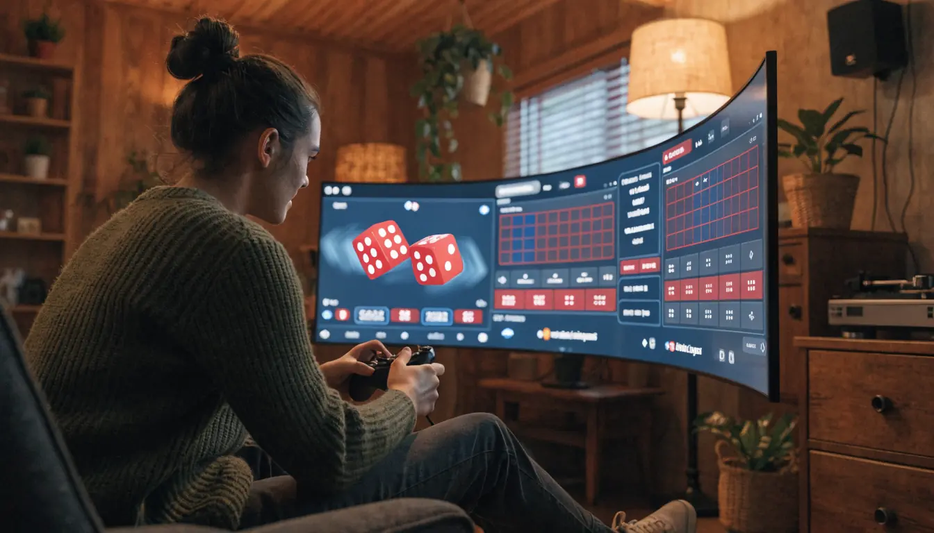 Person playing virtual dice game at home with Australian decor