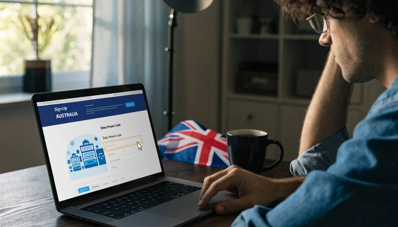 Laptop sign‑up page with empty promo code field and Australian flag