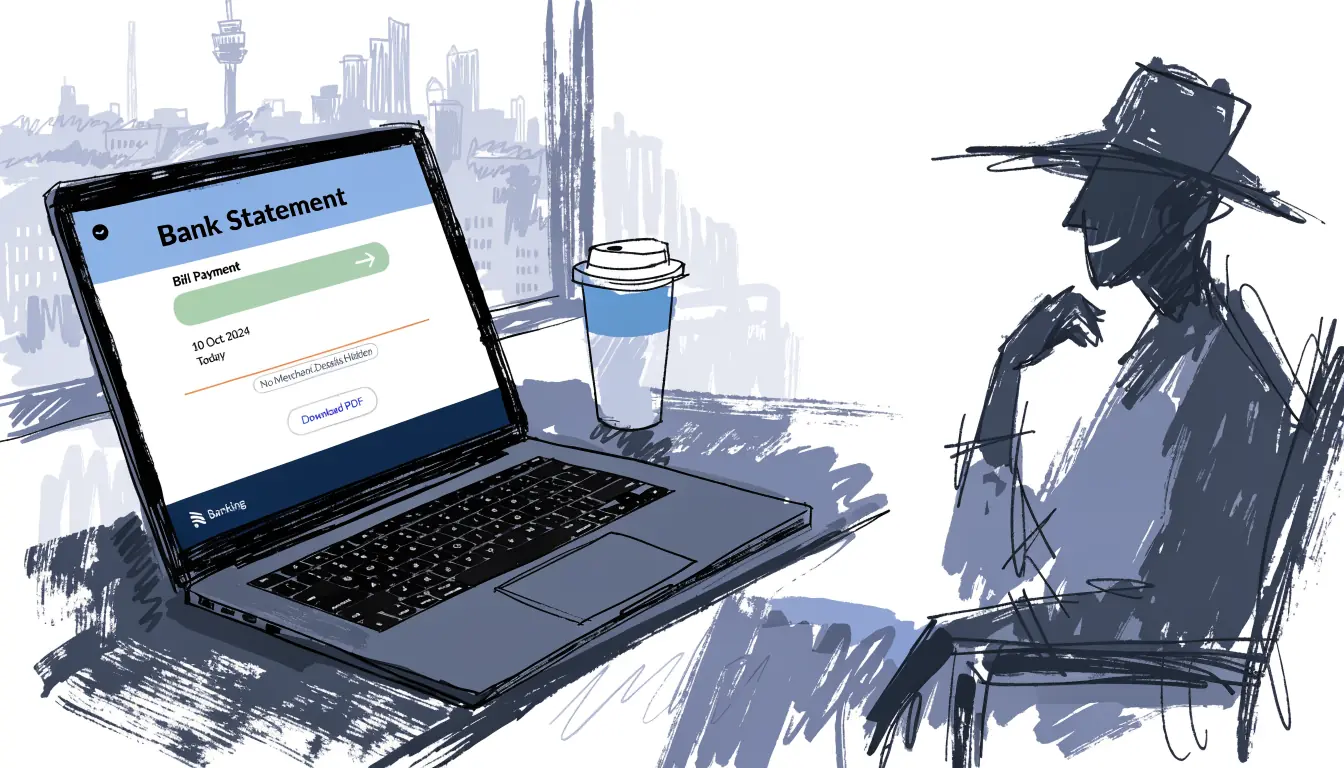 Laptop bank statement showing anonymous bill payment beside gambler silhouette