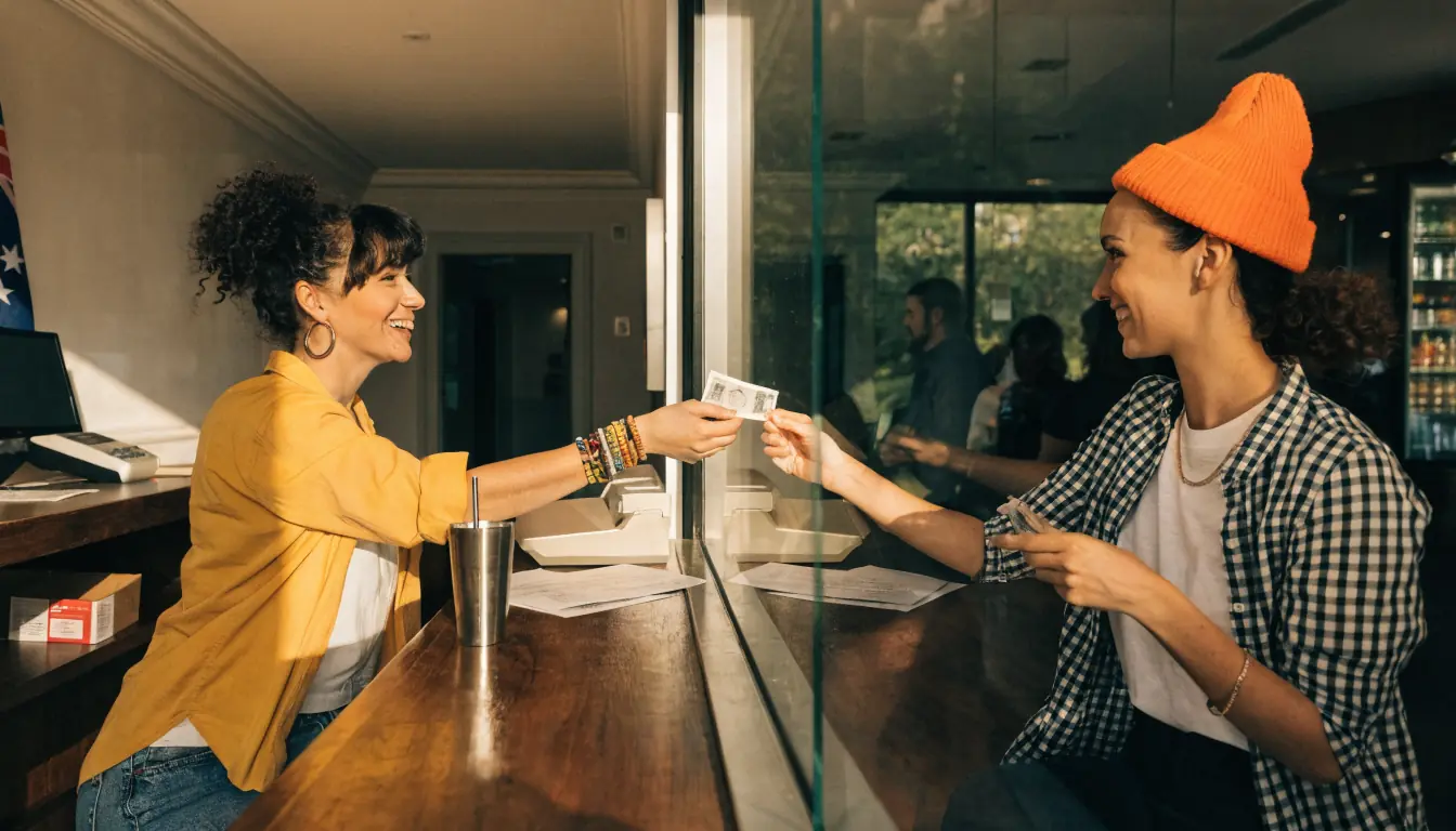 Bank teller passing a bill to casino dealer, representing BPAY transfer
