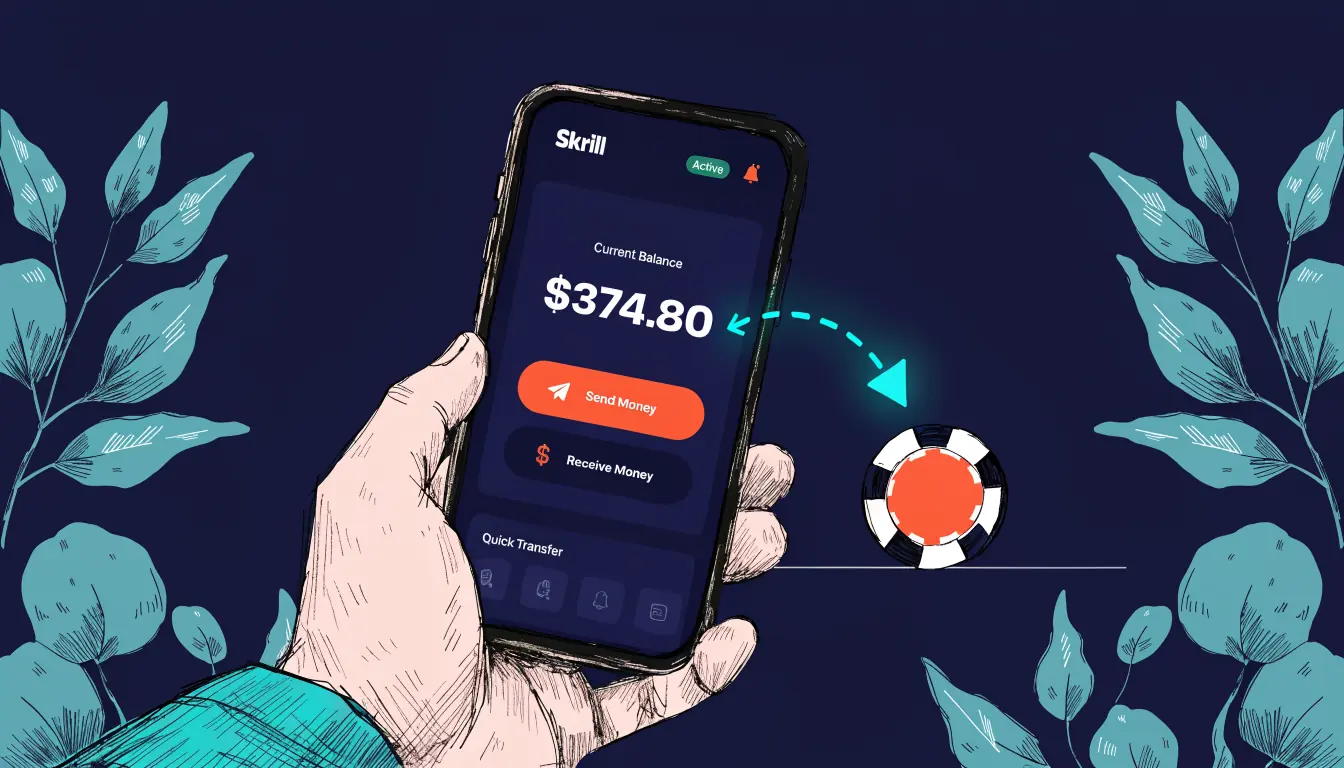 Hand with phone showing Skrill app sending money to casino chip.