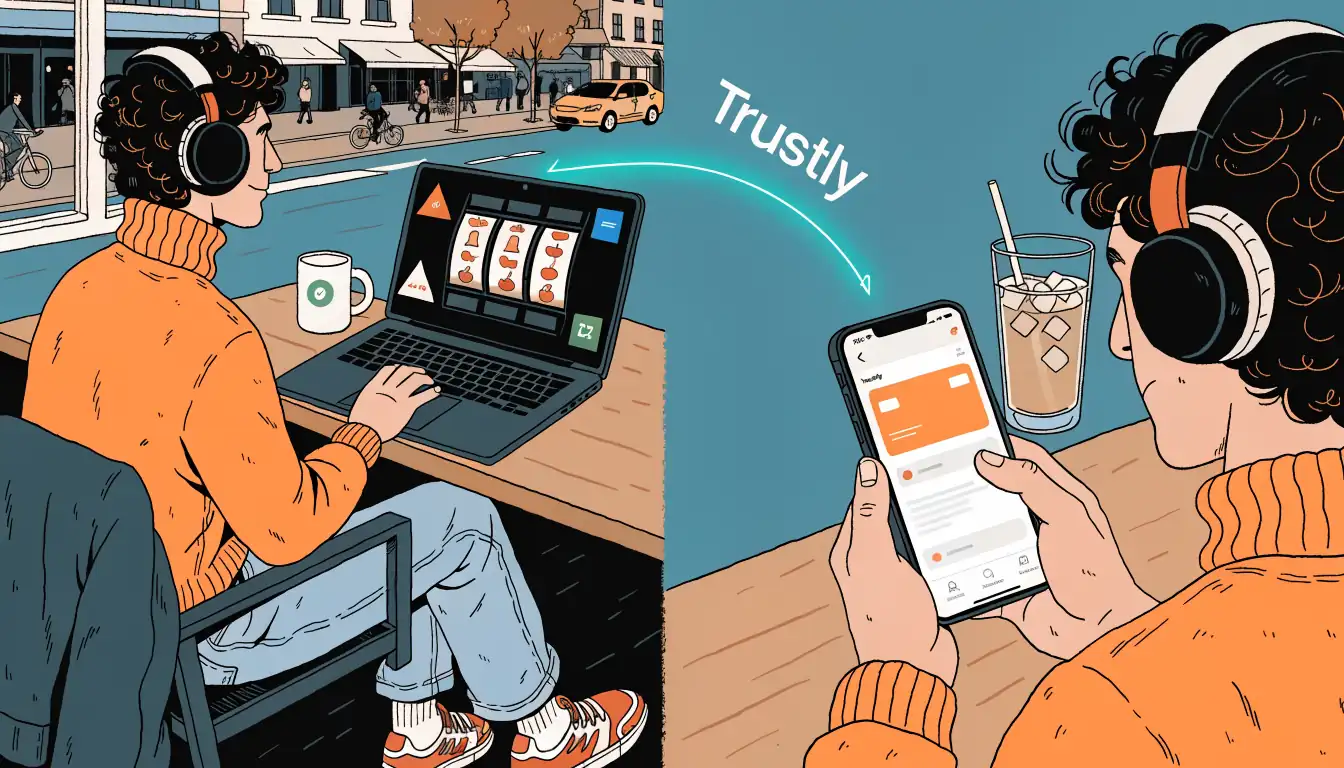 Split scene of slot game and bank app linked by Trustly