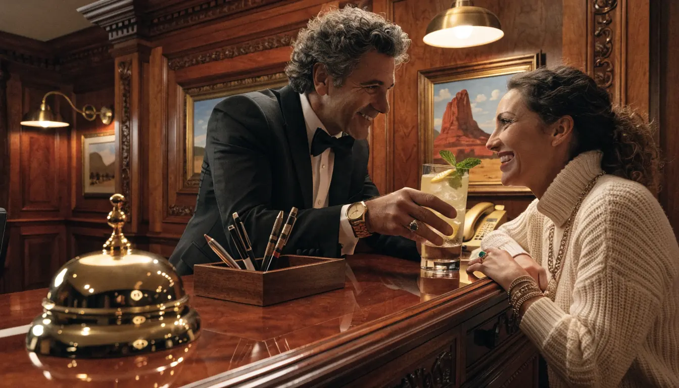 VIP concierge desk offering welcome drink to guest.