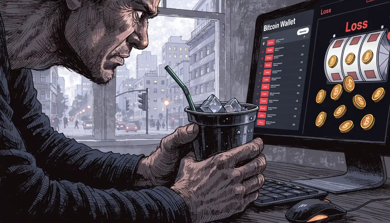 Person looking at losing casino game with Bitcoin wallet on screen