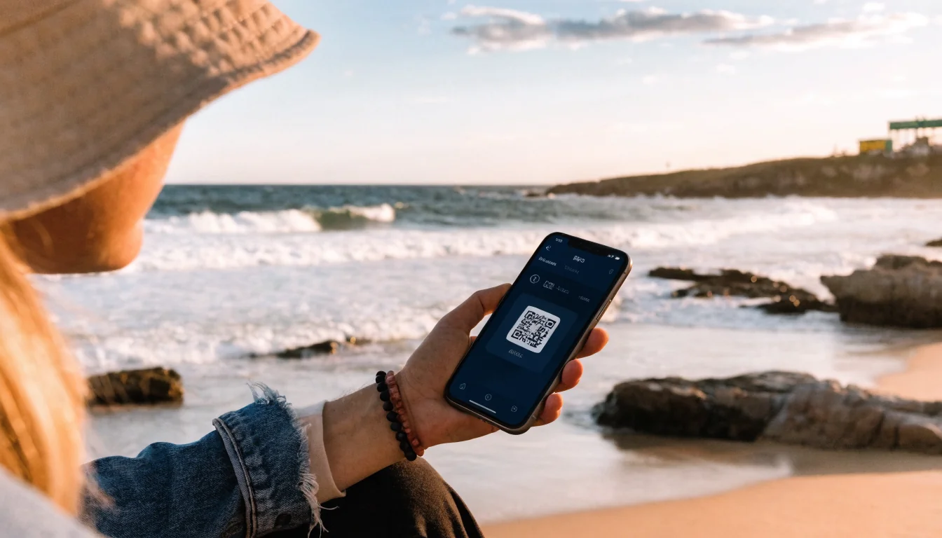 Hand holding phone with Bitcoin QR code against sunset beach