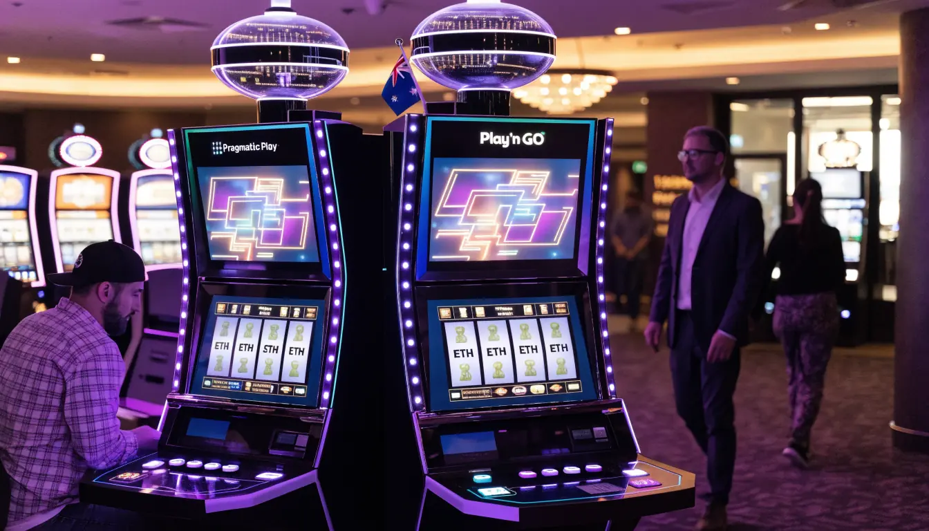 Casino floor with futuristic Ethereum slot machines