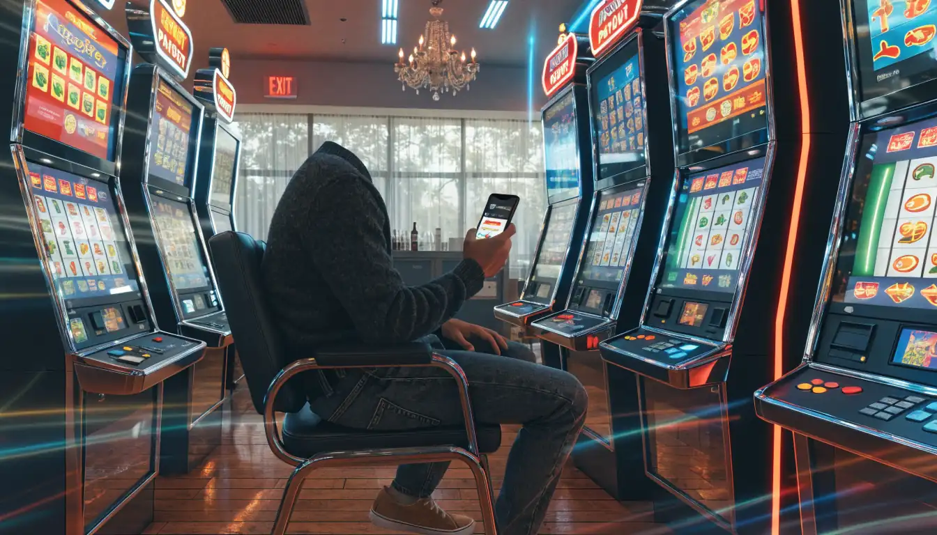 Casino floor with slot machines and player using Google Pay on phone