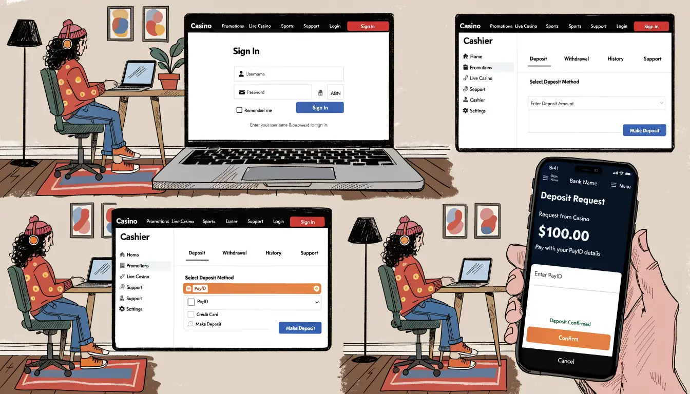 User depositing via PayID on laptop and mobile app