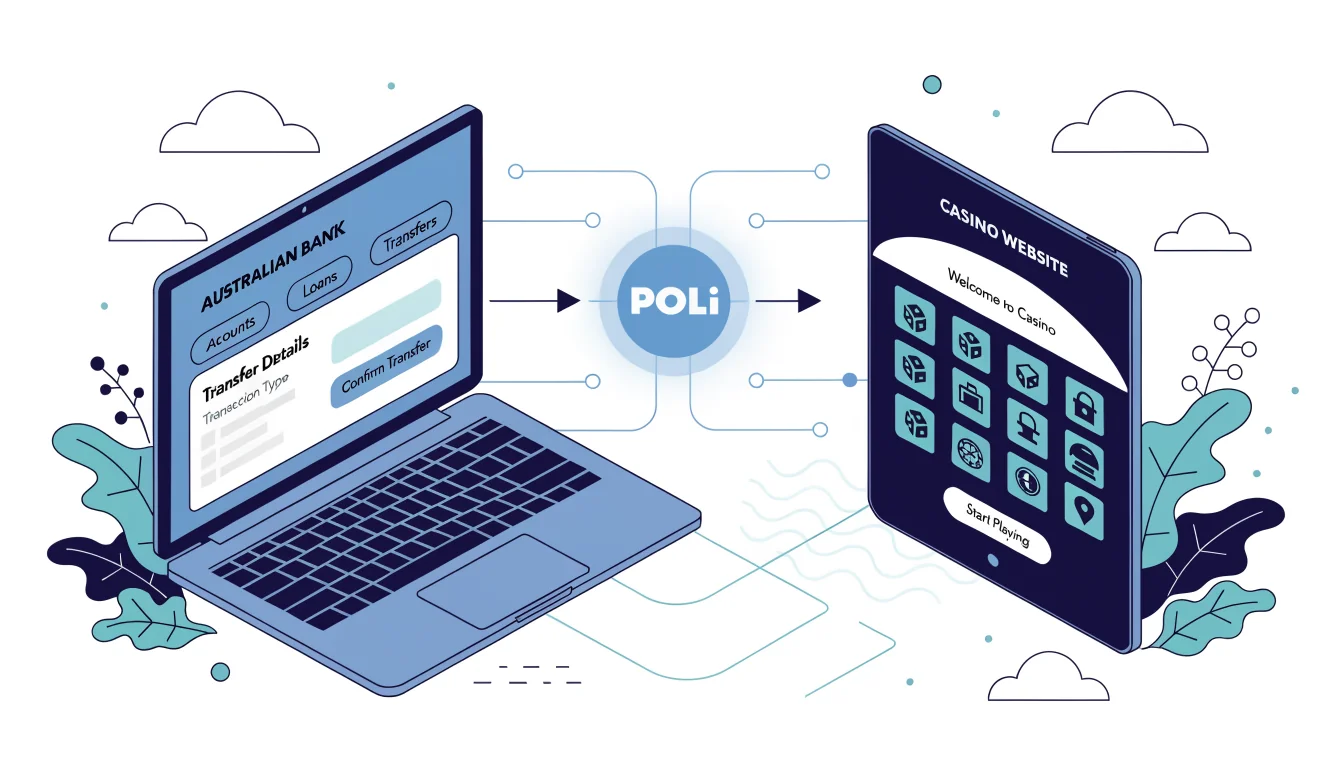 Diagram-like illustration of POLi connecting bank and casino