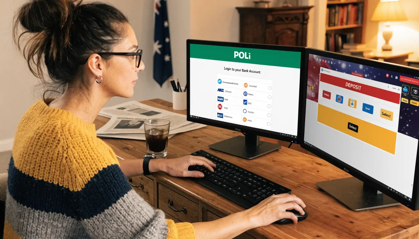 User completing POLi deposit to casino on dual monitors