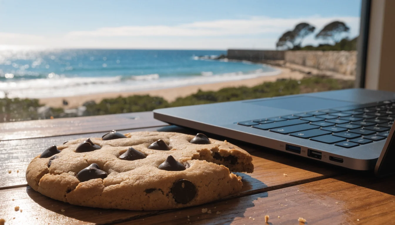 Hand holding chocolate chip cookie in Australian office with sunlight