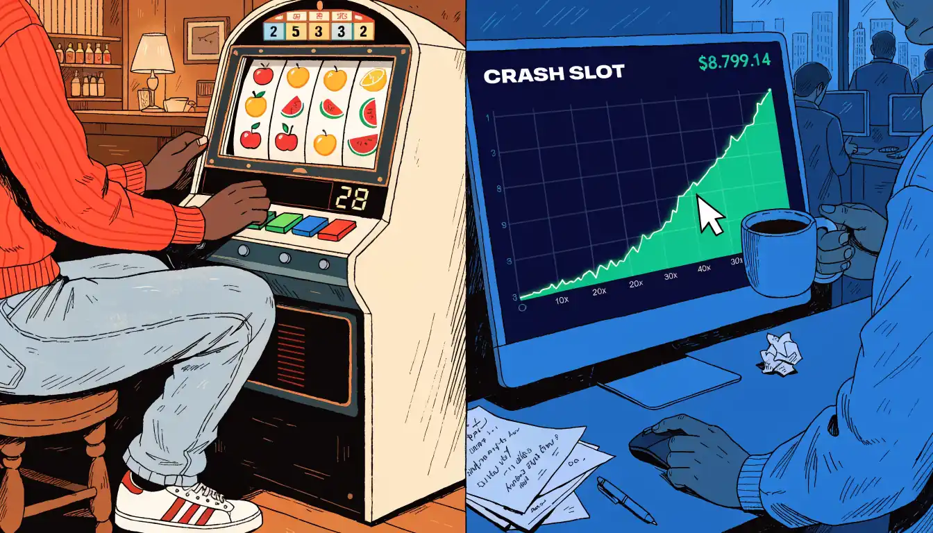 Split scene of pokies machine and crash multiplier interface