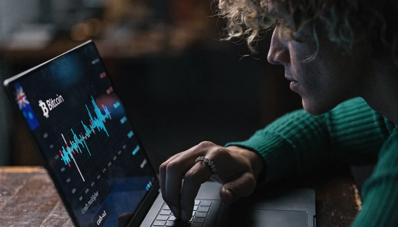 Person using laptop with Bitcoin and crash multiplier