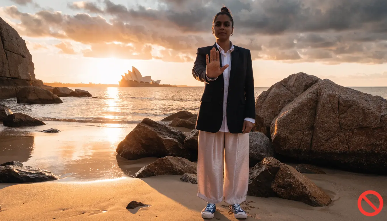 Australian sunrise beach with disclaimer document icon