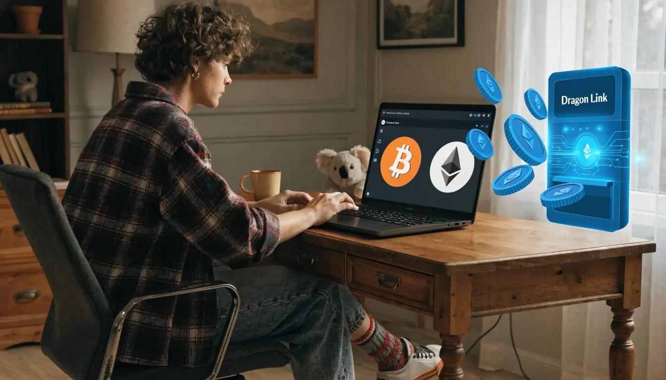 Person using laptop with crypto wallet and slot machine overlay.