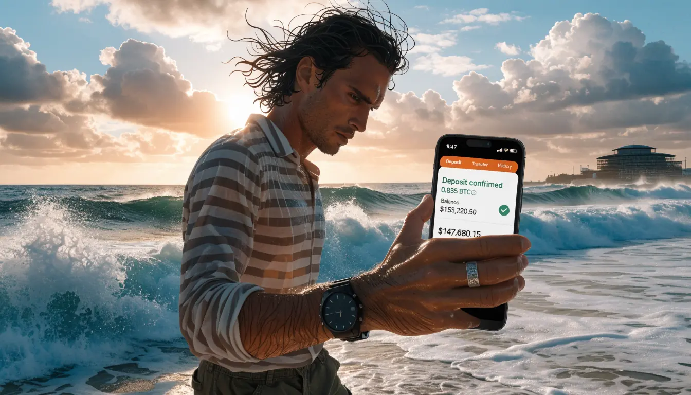 Surfer with phone showing crypto deposit against beach sunrise.